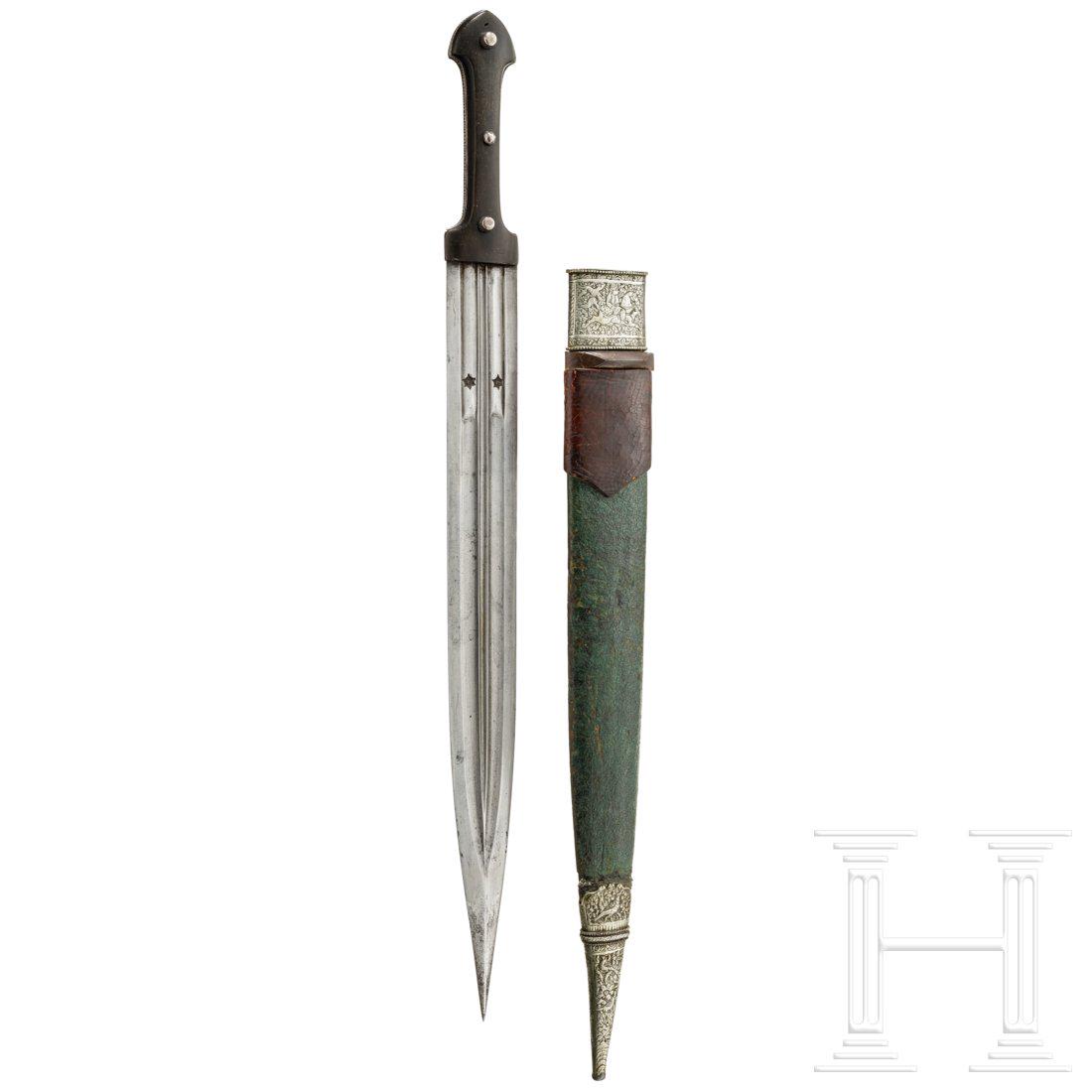 A large Caucasian kinzal, late 19th century: A large Caucasian kinzal, late 19th century Double-edged blade, triple fluted on both sides. Two blacksmith marks "Ali" on the obverse. Riveted grip scales of dark horn. Leather covered wooden scabbar