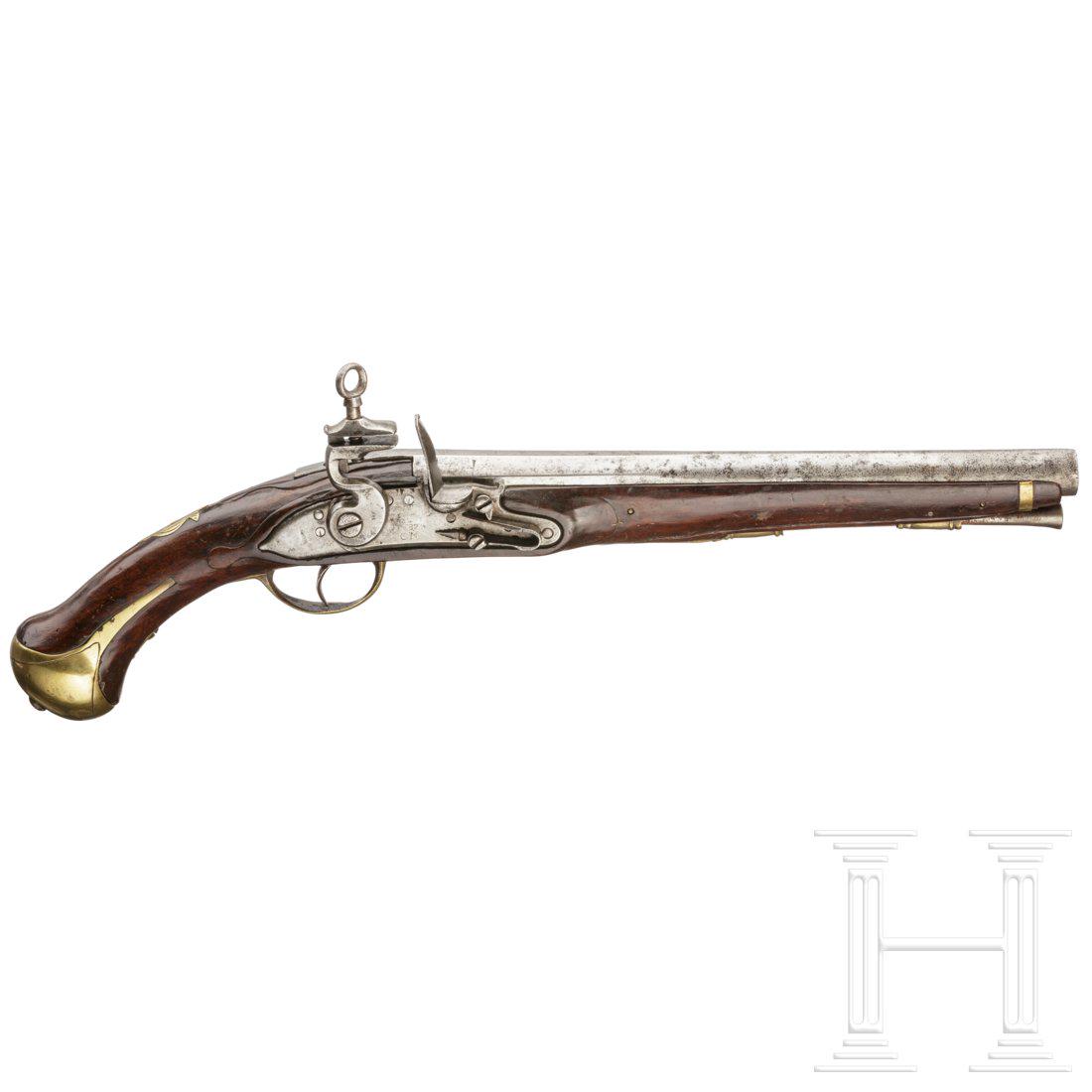 A flintlock pistol Mod. 1753, made 1782: A flintlock pistol Mod. 1753, made 1782 Achtkantiger, in rund Ã¼bergehender 300 mm-Lauf mit glatter Seele im Kaliber 18 mm. Auf der Laufunterseite nicht identifizierbare Marken sowie diverse nicht i