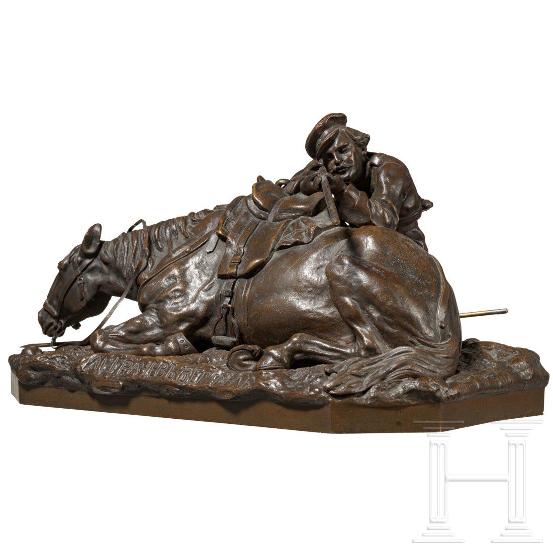 A Russian bronze figure of a cavalryman by sculptor: A Russian bronze figure of a cavalryman by sculptor Grachev, foundry Werfel, dated 1877 Bronze, braun patiniert. Der Kavallerist kniend hinter seinem Pferd, das Gewehr im Anschlag. Sehr belebte und de