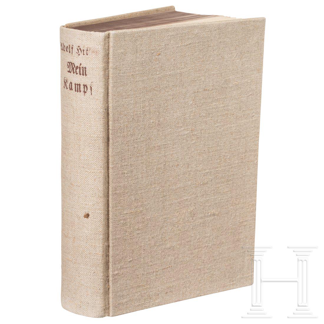 Hildegard Fath â€“ "Mein Kampf" with handwritten: Handgebundener Leineneinband mit Tintenwidmung auf dem Vorsatzblatt "Adolf Hitler - Berlin den 24/Dez. 1934" und auf der zweiten Seite "Alles Leben ist Kampf - Freiburg, der tapferen Kleinen KÃ¤mpfe