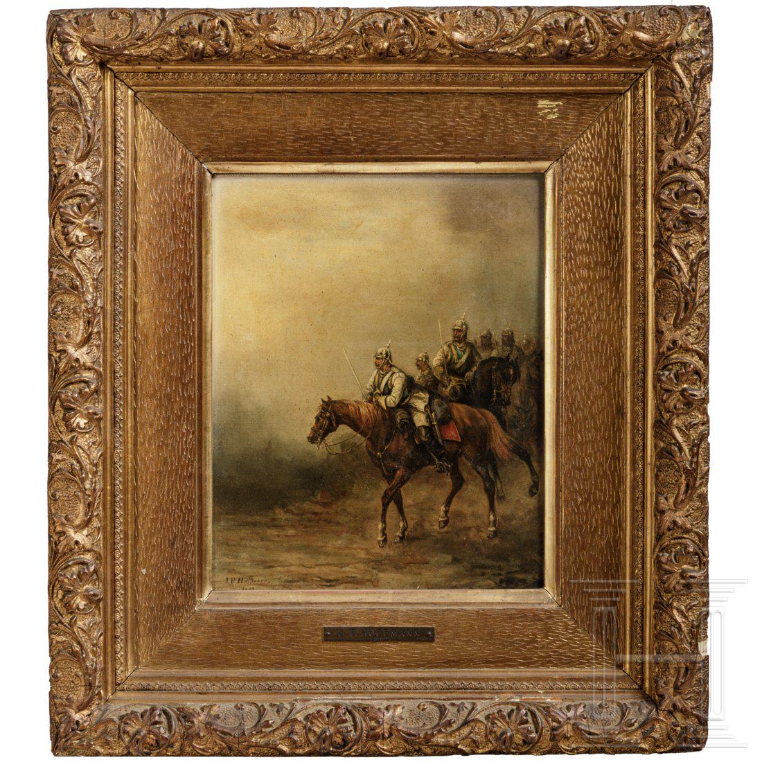 A painting of a cuirassier patrol by J. F. Hoffmann,: A painting of a cuirassier patrol by J. F. Hoffmann, dated 1892Ã–l auf Leinwand. Darstellung einer Truppe preuÃŸischer KÃ¼rassiere mit gezogenen Pallaschen vor dÃ¼sterer Landschaft unter eine