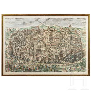 Johann Daniel Herz the Elder (1693 - 1754) â€“ A: Johann Daniel Herz the Elder (1693 - 1754) â€“ A capriccio view of Jerusalem in coloured copperplate, 1735Extremely detailed, multi-figured copperplate, including scenes from the Passion of