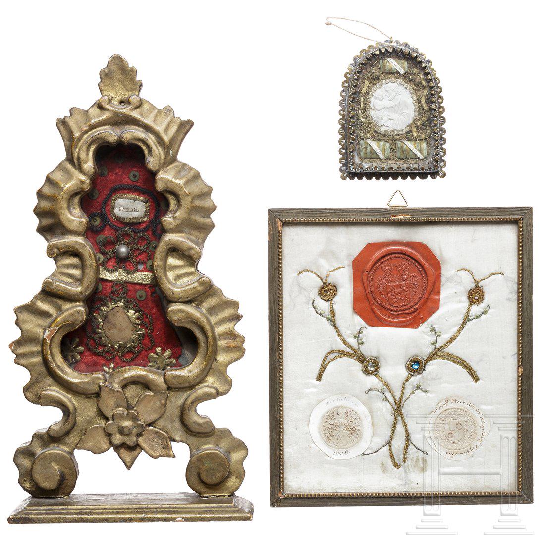 Two south German reliquaries and three framed seals, (1 of 3)