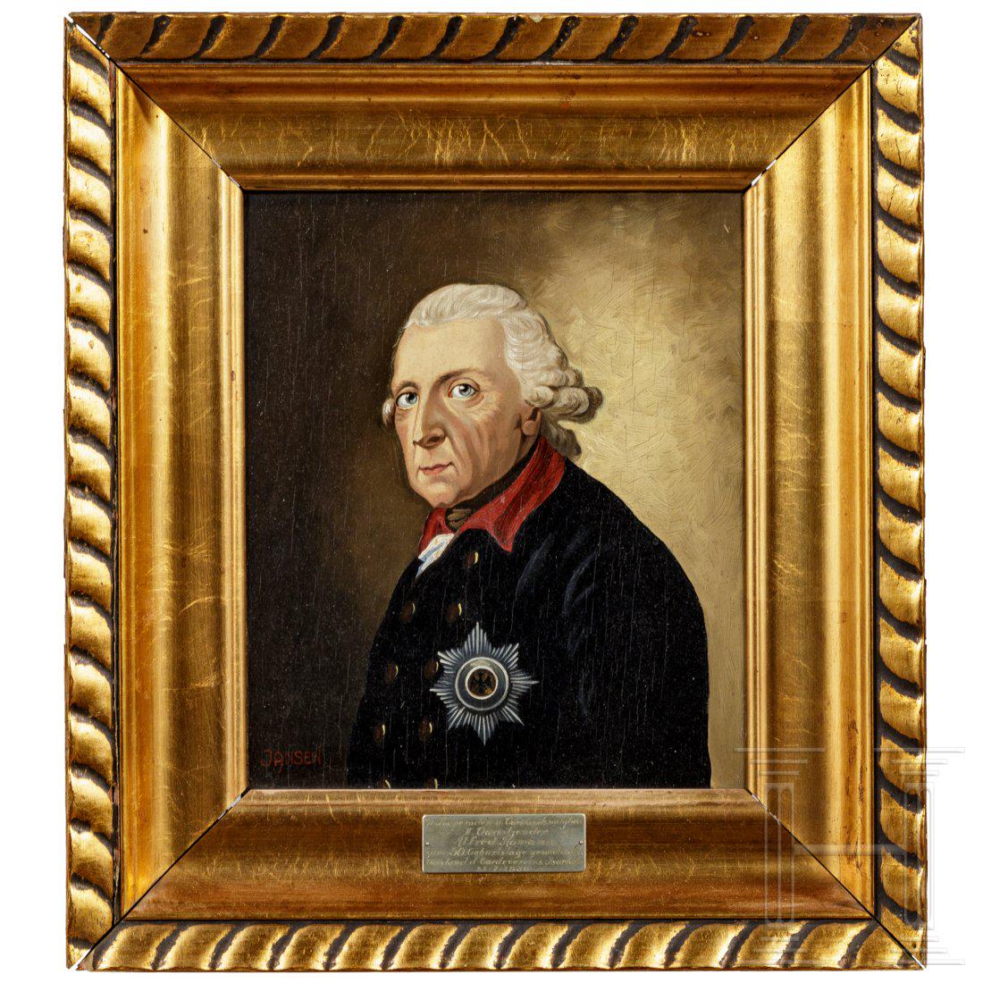 Gardeverein Iserlohn - a painting of Frederick the: Gardeverein Iserlohn - a painting of Frederick the Great as a gift, dated 1930Ã–l auf Sperrholz, links unten signiert "Jansen". In zeitgenÃ¶ssischem vergoldeten Holzrahmen mit Widmungsplakette "U