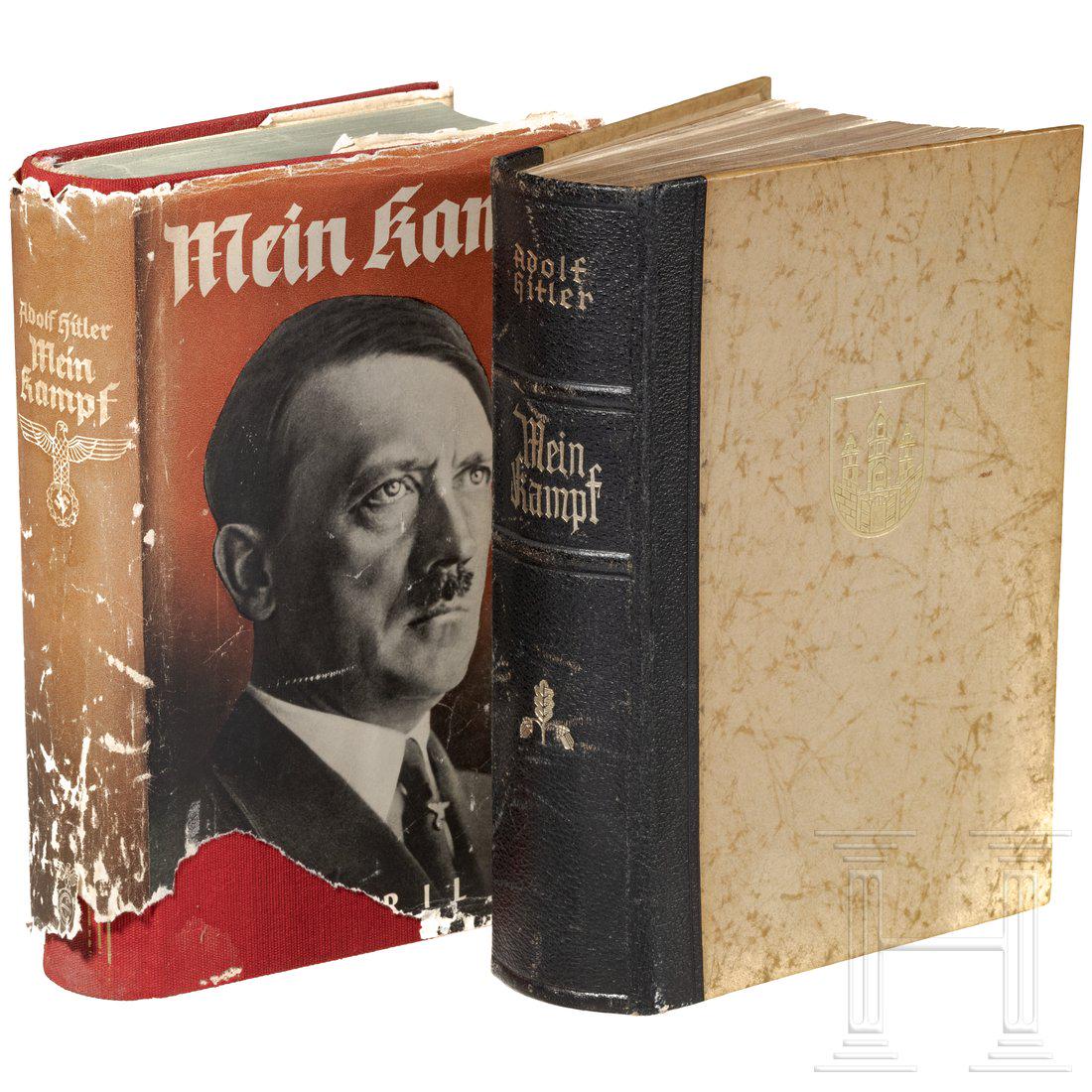 Two editions of "Mein Kampf": Two editions of "Mein Kampf"Hochzeitsausgabe der Stadt Salzburg mit (Stempel-?)Unterschrift Anton Gigers 1938, goldgeprÃ¤gtem Stadtwappen und LederrÃ¼cken. Ausgabe des Reichsbundes der Deutschen B