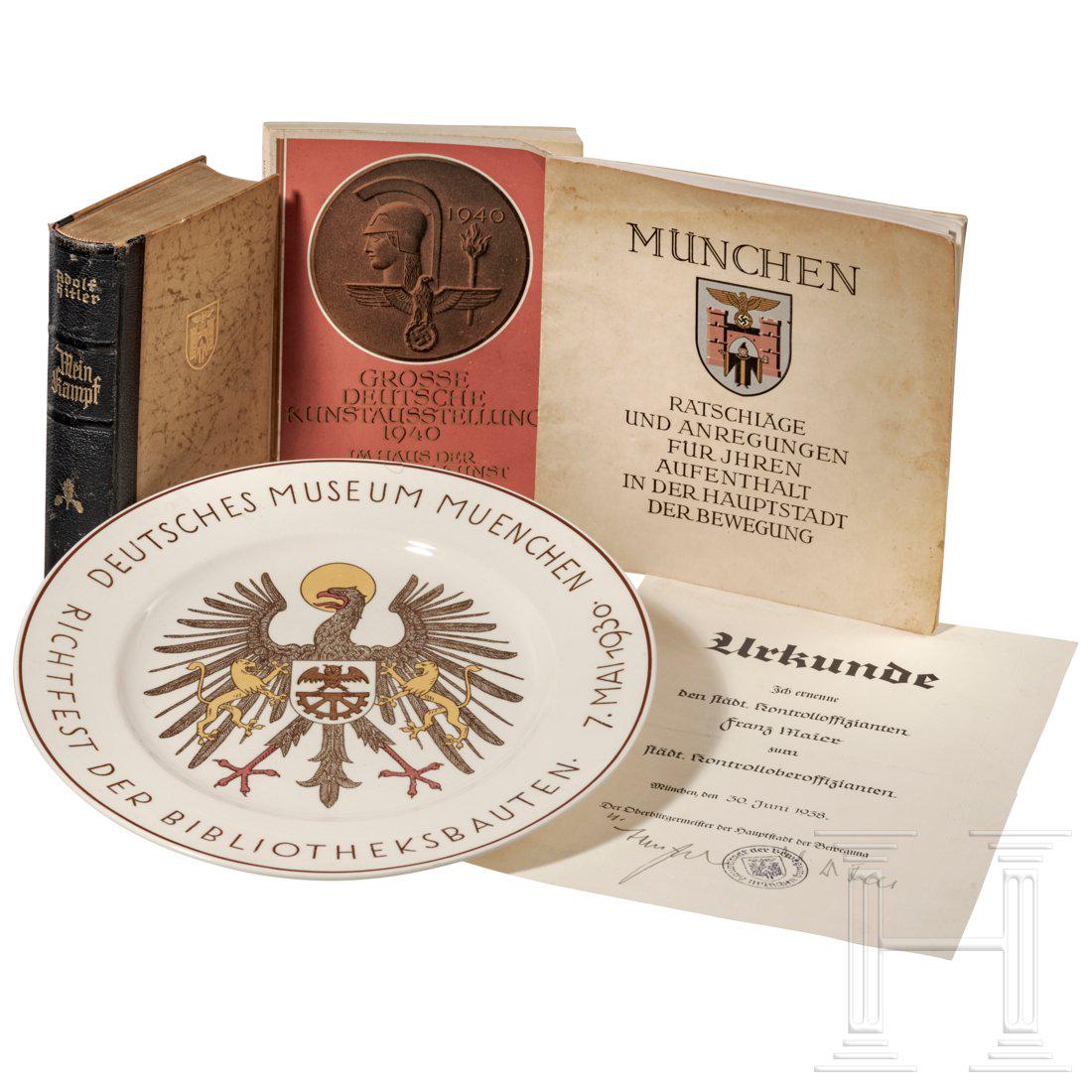 A Munich collection - a "Mein Kampf" wedding edition: A Munich collection - a "Mein Kampf" wedding edition book 1939, an exhibition catalog "Haus der Kunst" 1940 with Allach porcelain ad, a city guide of Munich, a certificate and a ceramic plate V&B, Met