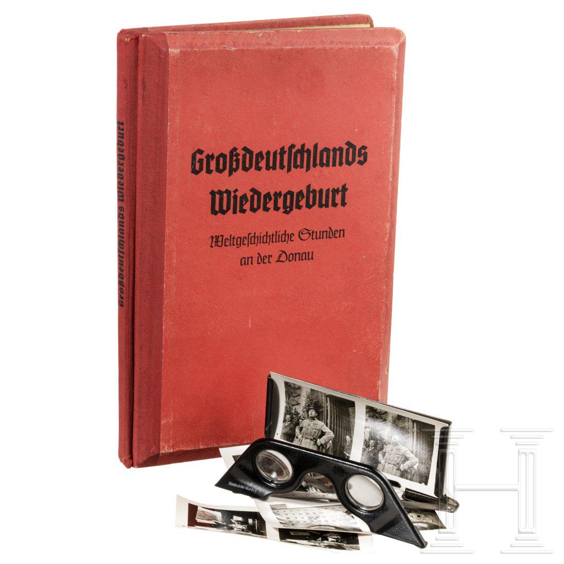 A stereoscopic album "GroÃŸdeutschlands Wiedergeburt -: A stereoscopic album "GroÃŸdeutschlands Wiedergeburt - Weltgeschichtliche Stunden an der Donau"Ziegelroter, schwarz geprÃ¤gter Leineneinband, Raumbild-Verlag Otto SchÃ¶nstein, DieÃŸen am Ammer