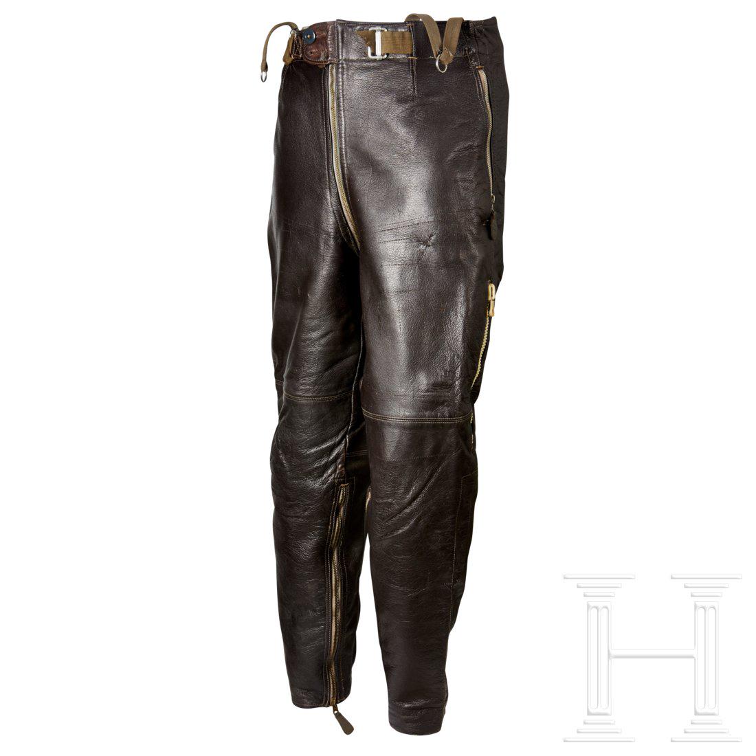 A Pair of Leather Trousers for Aviation Personnel: A Pair of Leather Trousers for Aviation PersonnelDark brown leather trousers with blue-grey rayon lining. Front opening with Zipp zip fastener, hip openings and lower leg openings also with Zipp faste