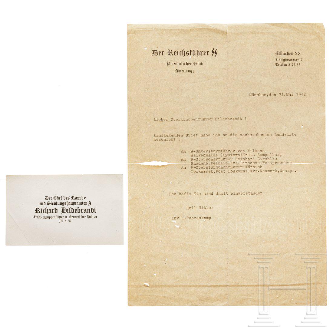 SS-ObergruppenfÃ¼hrer Richard Hildebrandt - a letter: SS-ObergruppenfÃ¼hrer Richard Hildebrandt - a letter and a business cardBrief verfasst beim persÃ¶nlichen Stab des ReichsfÃ¼hrer-SS, MÃ¼nchen den 24.5.1942. Dazu eine Visitenkarte, MaÃŸe 7,5