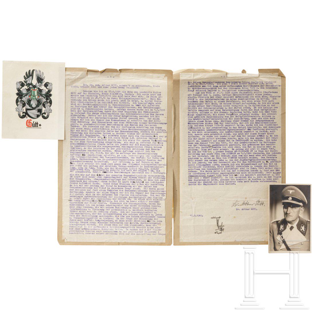 SS-BrigadefÃ¼hrer Dr. med. Arthur GÃ¼tt - a letter and: SS-BrigadefÃ¼hrer Dr. med. Arthur GÃ¼tt - a letter and a portrait photoZweiseitiger Brief (Lebenslauf), verfasst am 15.5.1945 mit Originalunterschrift, auf Kartonagebogen aufgezogen. MaÃŸe aufge