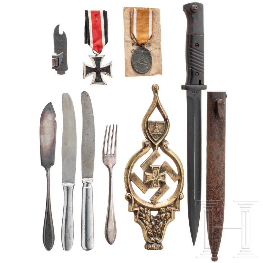 A small collection of militaria with a flag pole from: A small collection of militaria with a flag pole from KyffhÃ¤userbund, cutlery Officers mess "Das Reich", a bayonet 84/98 and two medalsEin Seitengewehr 84/98, nicht nummerngleich, codiert "43 fze",