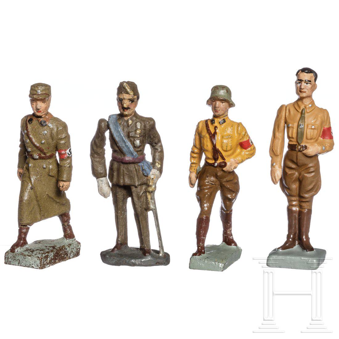 Four Elastolin and Lineol political figures with SA: Four Elastolin and Lineol political figures with SALineol/Elastolin, 30er/80er Jahre, 7 cm-Serie, MasseausfÃ¼hrung; dabei ein SA-Mann im Marsch in der seltenen AusfÃ¼hrung mit Stahlhelm (Rundriss 