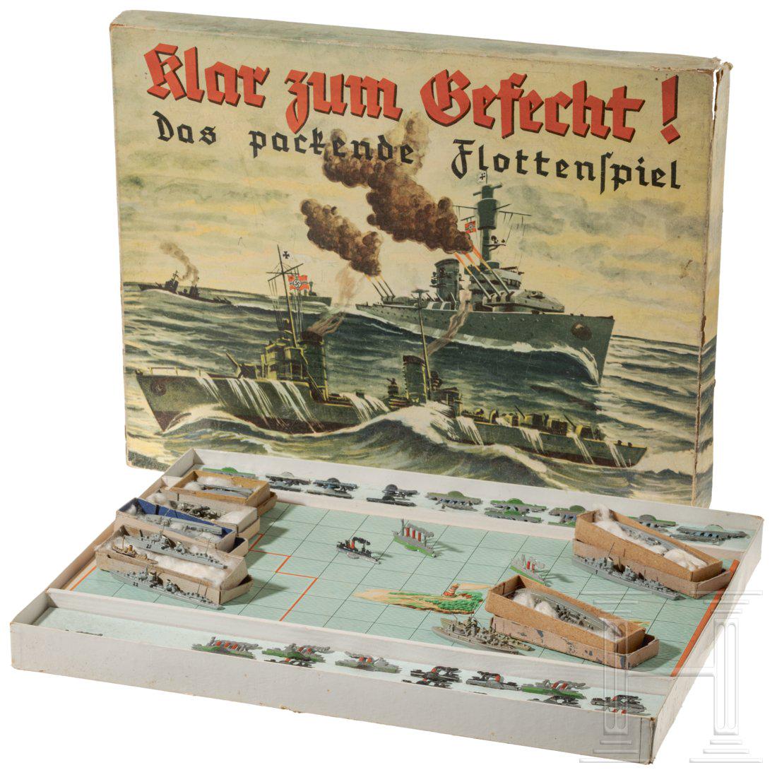 A board game "Ready for the Fight - The Fleet Game" and: A board game "Ready for the Fight - The Fleet Game" and 42 Wiking ship models in boxesKonvolut: Brettspiel fÃ¼r zwei Spieler, Josef Scholz/Mainz, 30er Jahre, Nr. 481, aus der Sammlung "Scholz kÃ¼n