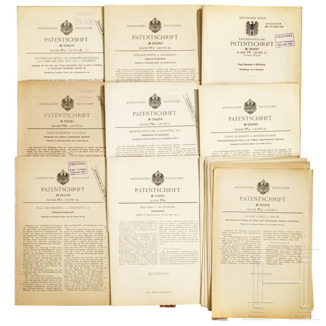 21 toy-patent specifications from 1914 - 1932, with a: 21 toy-patent specifications from 1914 - 1932, with a rare Bing patent and others around the topic toy production, i.e. board games, toy-bombs, parachutes etc.21 Spielzeug-Patentschriften, ein- bis me