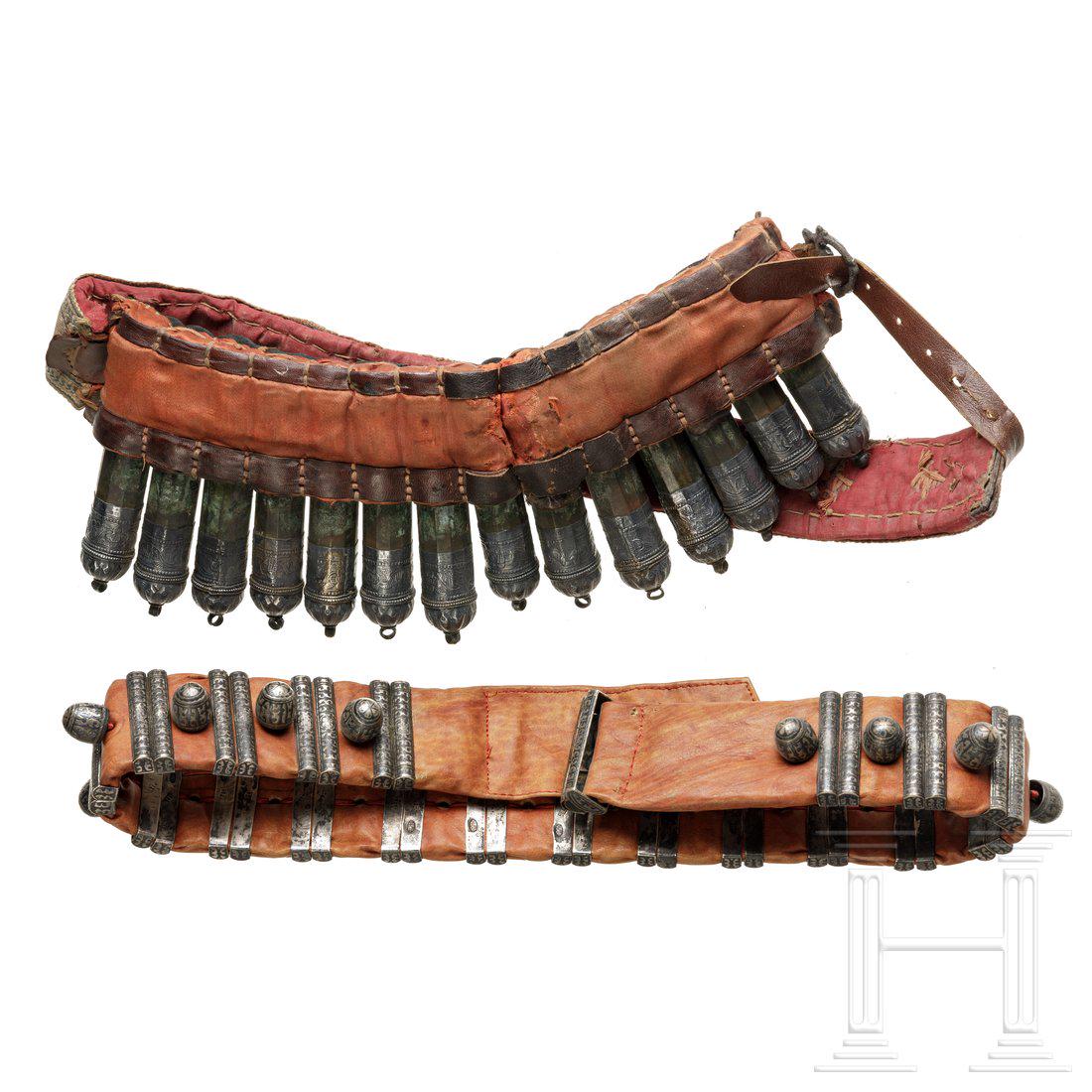 A Turkish pouchbelt and a belt from the Balkans,: A Turkish pouchbelt and a belt from the Balkans, 19th/20th centuryBandolier mit 14 teils silberbelegten Kartuschen, jeweils in einer lederverstÃ¤rkten Textilhalterung an einem lederverstÃ¤rkten, m