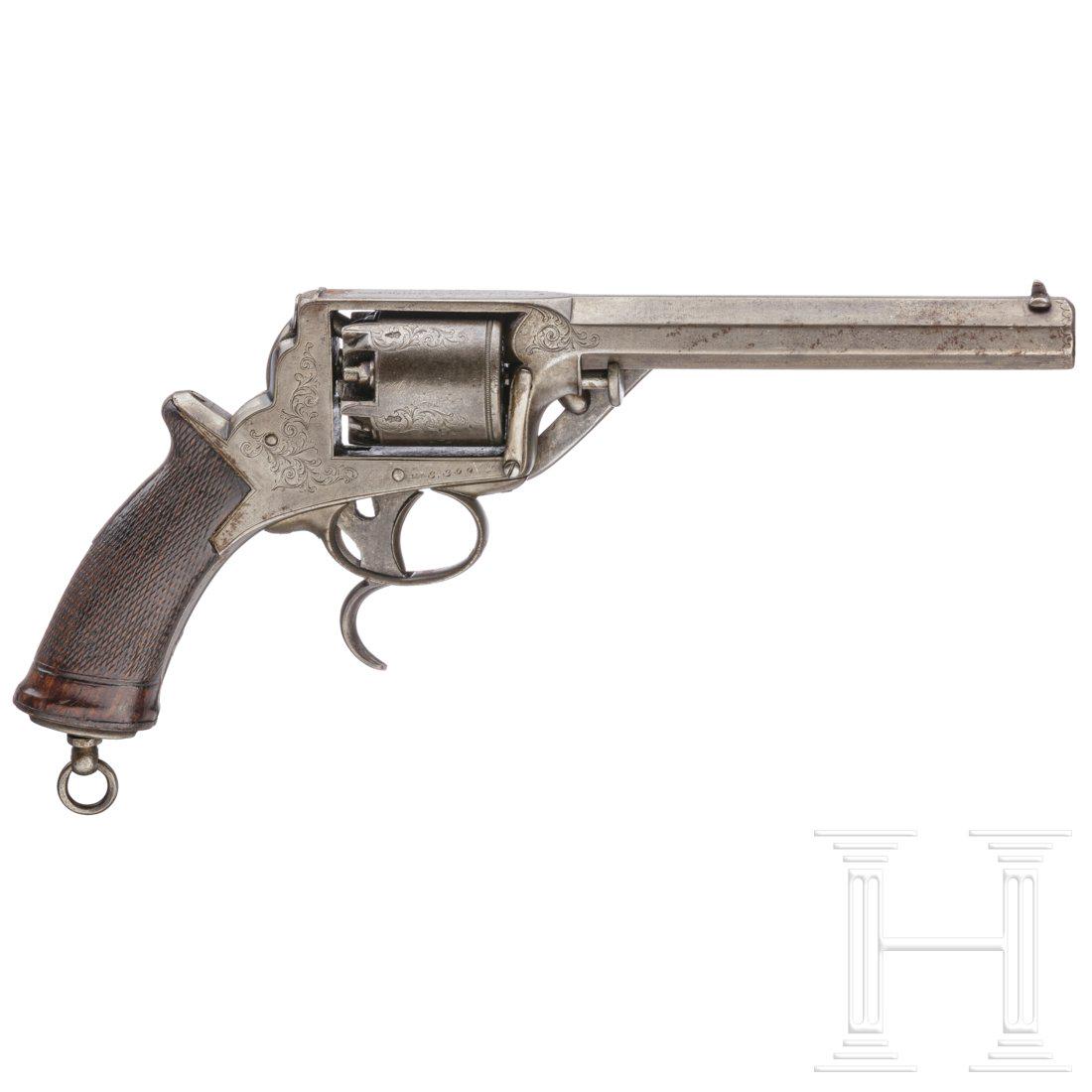 A percussion revolver by Thomas Blisset, Liverpool,: A percussion revolver by Thomas Blisset, Liverpool, Tranter Double Trigger, circa 1855Cal. .54 BlackPowder, SN. 3392, achtkantiger 155 mm Lauf mit matter Seele. Auf der RahmenbrÃ¼cke "Ths. Blisset S