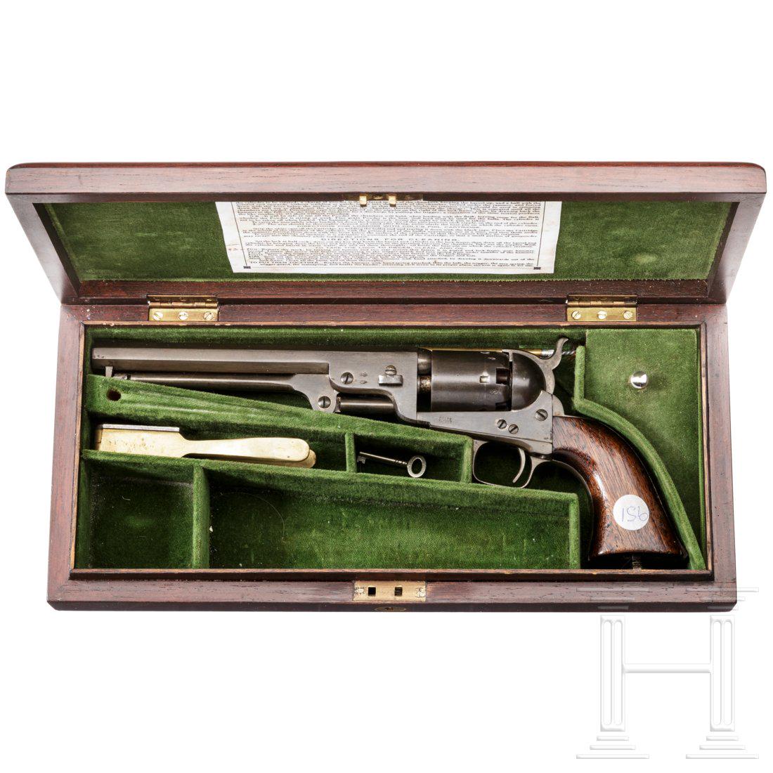 A Colt Mod. 1851 Navy, London, circa 1855: A Colt Mod. 1851 Navy, London, circa 1855 Cal. .36 BlackPowder, SN. 38400, matching numbers incl. grips. Barrel length 7½", almost bright bore. Six shots. Reworked. Standard London proof marks 