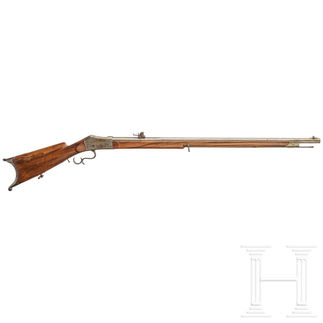 ScheibenbÃ¼chse G. Rickenbach, Basel, um 1885: ScheibenbÃ¼chse G. Rickenbach, Basel, um 1885Cal. 10,4x38R Vetterli, SN. ohne, Leicht rauer Lauf, LÃ¤nge 85 cm. Quadrantenvisier skaliert 2-7, seitlich verstellbares Korn. Lauf und System blank, M