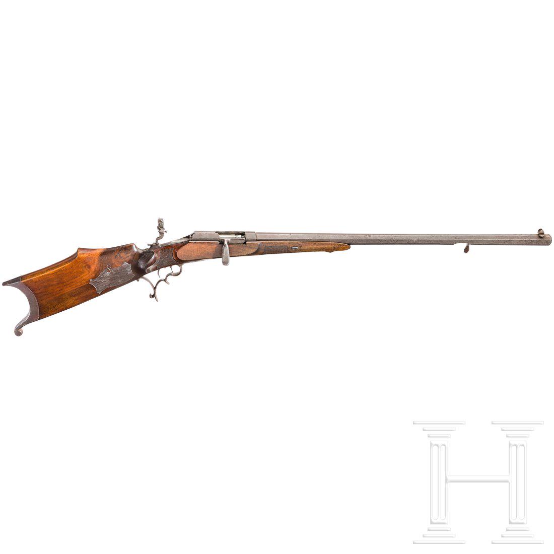Zimmerstutzen Peterlongo: Zimmerstutzen PeterlongoCal. 4 mm Randfeuer kurz, SN. 79, oktagonaler Mutterlauf, LÃ¤nge 68 cm, rauer Kurzlauf 18 cm. Auf dem Kolbenhals alter Diopter, Zylinderverschluss, Stecherabzug (Stecher defe