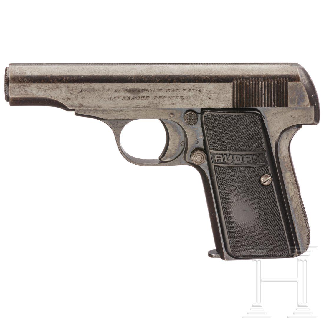 Audax Taschenpistole: Audax TaschenpistoleCal. 7,65 mm Brown., SN. 14564, nummerngleich. Blanker Lauf, LÃ¤nge 85 mm. SiebenschÃ¼ssig. Brit. Beschuss. FlÃ¼gelsicherung und GriffstÃ¼cksicherung, stark geriffelt. Link