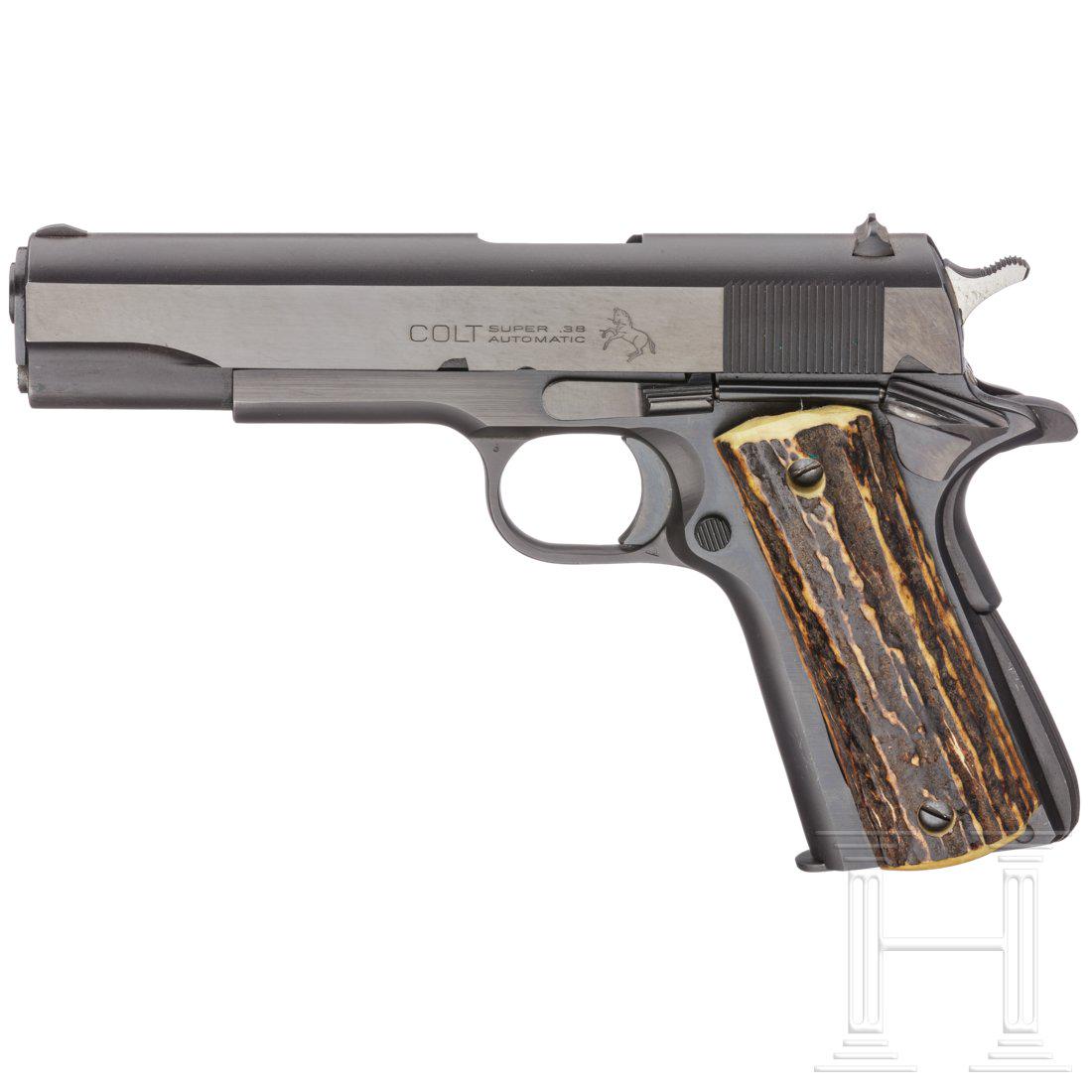 A Colt Super .38 Automatic Model, with holster: A Colt Super .38 Automatic Model, with holsterCal. .38 SuperAuto, SN. 199206, bright bore. Barrel length 5". Nine shots. Production date 1968. The left hand side of the slide marked "Colt Super .38 Au