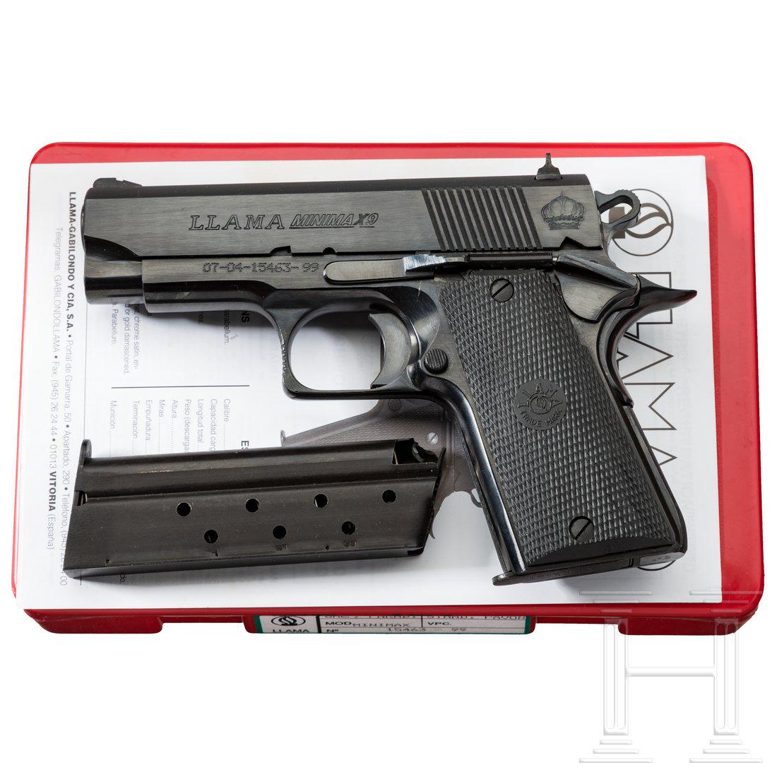 Llama Minimax 9, in Box: Llama Minimax 9, in BoxCal. 9 mm Luger, SN. 07-04-15463-99, blanker Lauf, LÃ¤nge 92 mm. AchtschÃ¼ssig. GÃ¼ltiger Beschuss. Dreipunktvisier. GanzstahlausfÃ¼hrung. Links Modell und S/N, rechts F