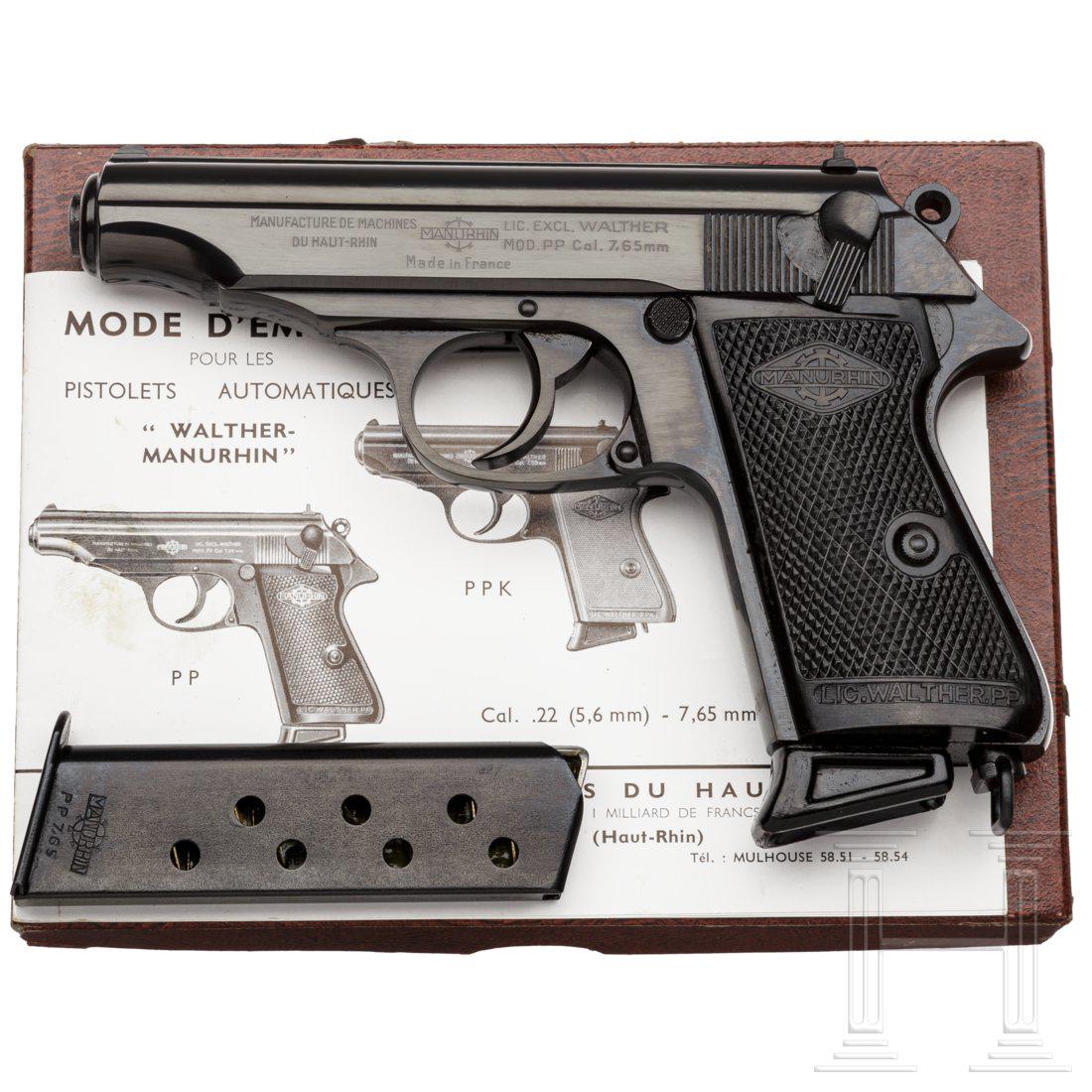 Walther-Manurhin PP, Ordonnanz, im Karton: Walther-Manurhin PP, Ordonnanz, im KartonCal. 7,65 mm Brown., SN. 58928, blanker Lauf. AchtschÃ¼ssig. FranzÃ¶sischer Beschuss 1956. Signalstift. Links am Verschluss dreizeilige Standardbeschriftun