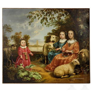 A Dutch painting with children and sheep in the style: A Dutch painting with children and sheep in the style of Aelbert Cuyp (1620 - 1691)A landscape with three children, surrounded by a small herd of sheep. With old doubling, some craquelures, in a