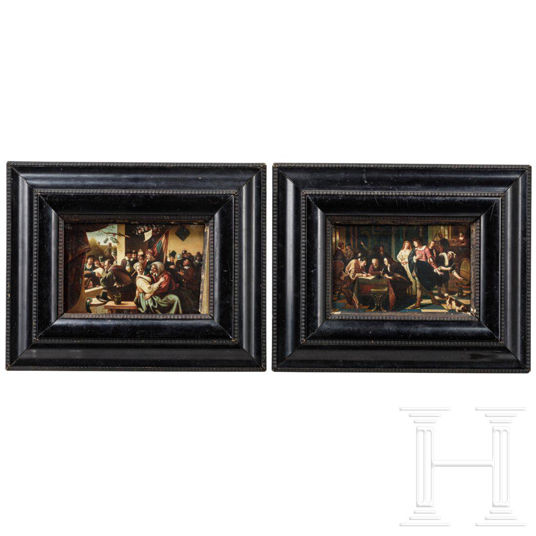 A pair of small Flemish paintings in the manner of Jan: A pair of small Flemish paintings in the manner of Jan Steen, 19th centuryÖl auf Kupfer. Fein gemalte Wirtshausszenen mit zahlreichen Figuren in der Tracht des 17. Jhdts. In zeitgenössischen