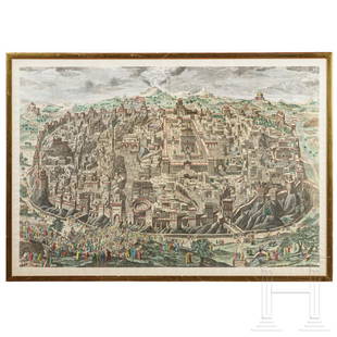 Johann Daniel Herz the Elder (1693 - 1754) - a: Johann Daniel Herz the Elder (1693 - 1754) - a capriccio view of Jerusalem in coloured copperplate, 1735Extremely detailed, multi-figured copperplate, including scenes from the Passion of Christ. Unde