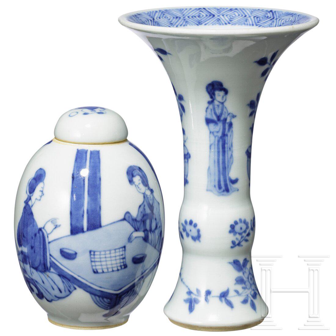 A small blue and white Gu-form vase and a jar, probably (1 of 6)