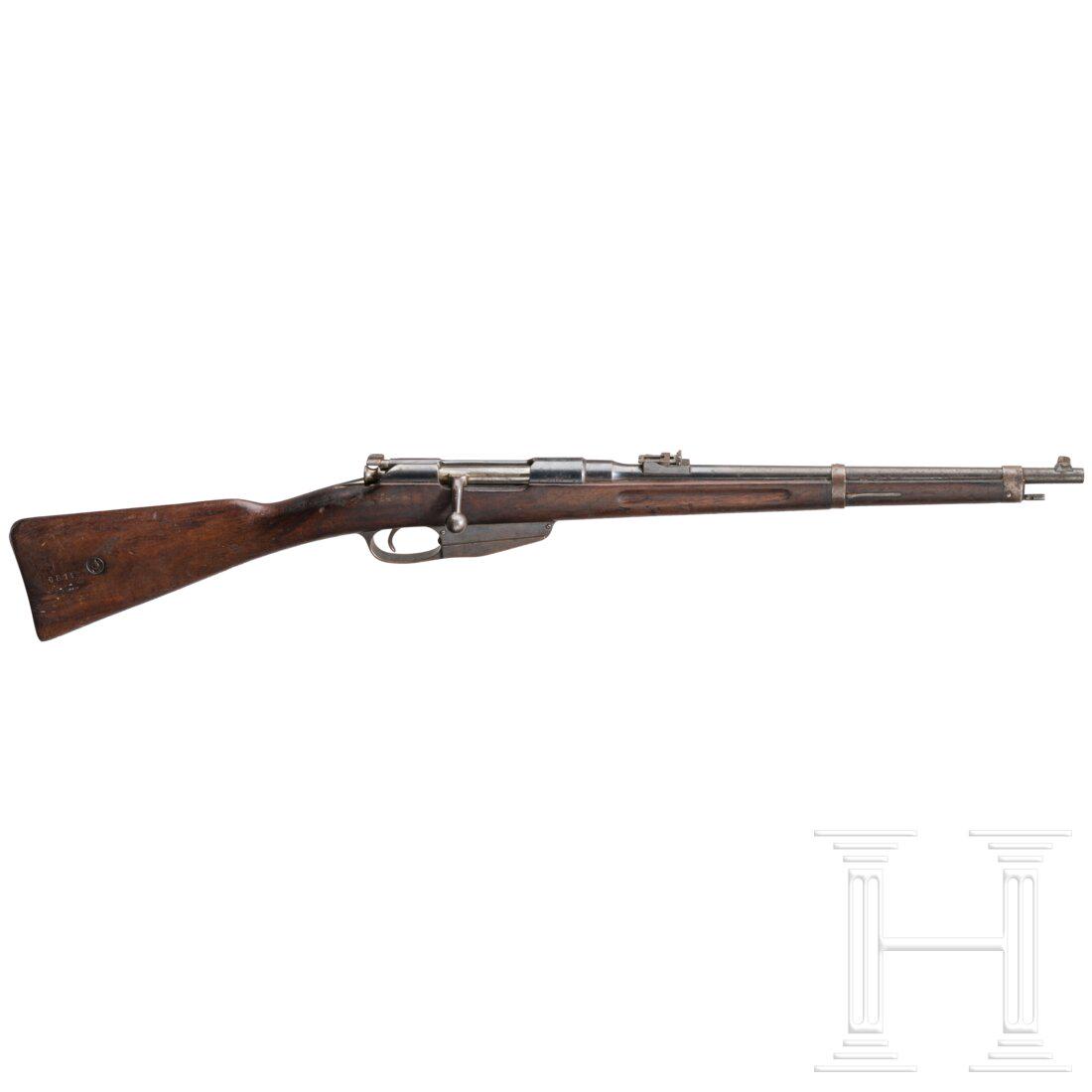 Karabiner Steyr Mod. 1896: Karabiner Steyr Mod. 1896Cal. 6,5x53R, SN. G819, Verschluss nicht nummerngleich. Blanker Lauf. Fünfschüssig. Deutscher Beschuss. Treppen-Rahmenvisier. Hülsenkopf gemarkt "Krone / C I" (