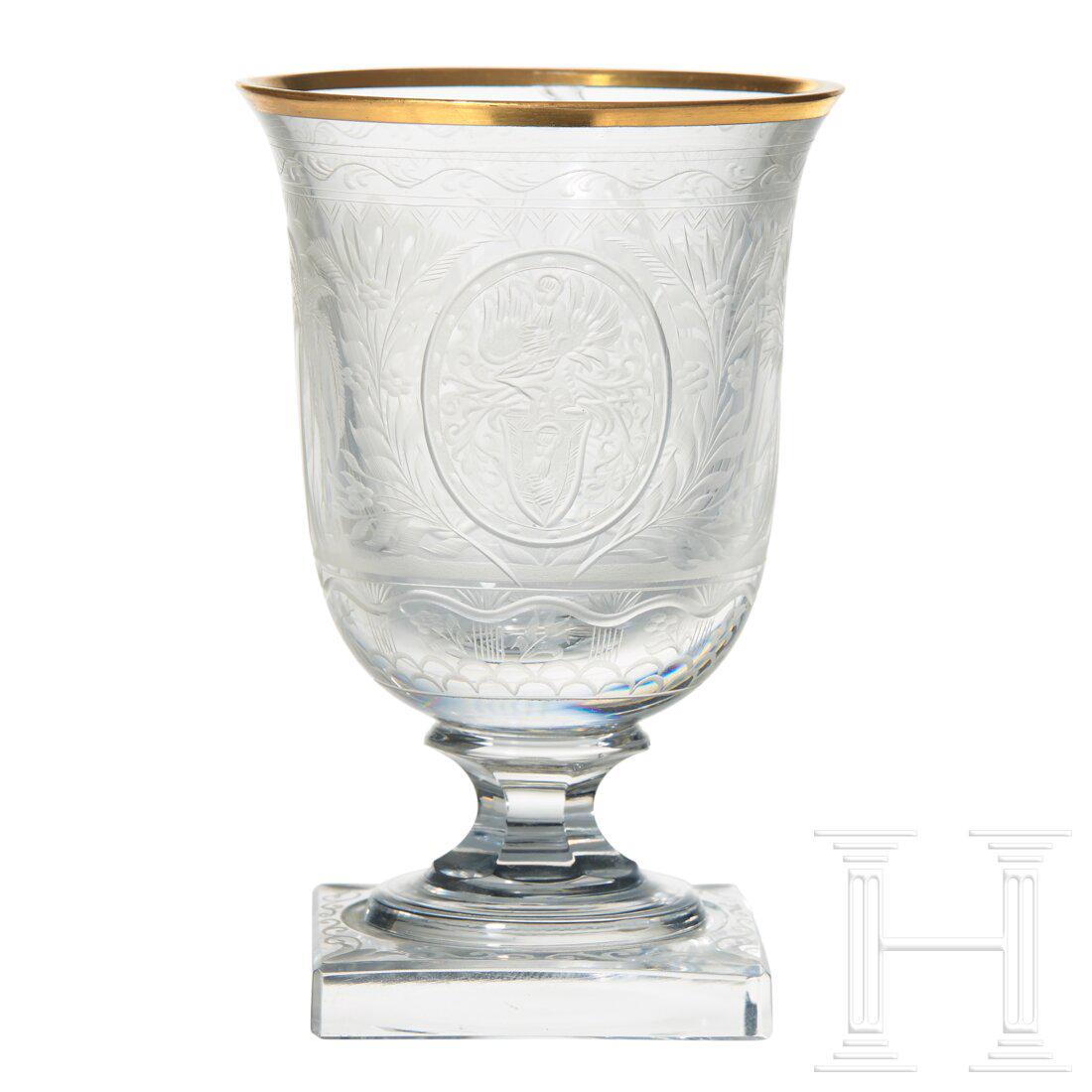 Hermann Göring - a Small Goblet from a: Hermann Göring - a Small Goblet from a Hunter’s Table Service Cut and faceted crystal glass with gold rims. On the viewing side an oriental prince lying in a palm grove and holding a roe de