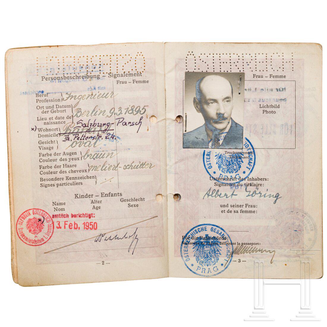 Albert Göring (1895 - 1966) a post-war passport: Albert Göring (1895 - 1966) a post-war passport and further personal documents including lists of confiscated items of Emmy Göring and her sister ElsaÖsterreichischer Reisepass, ausgest