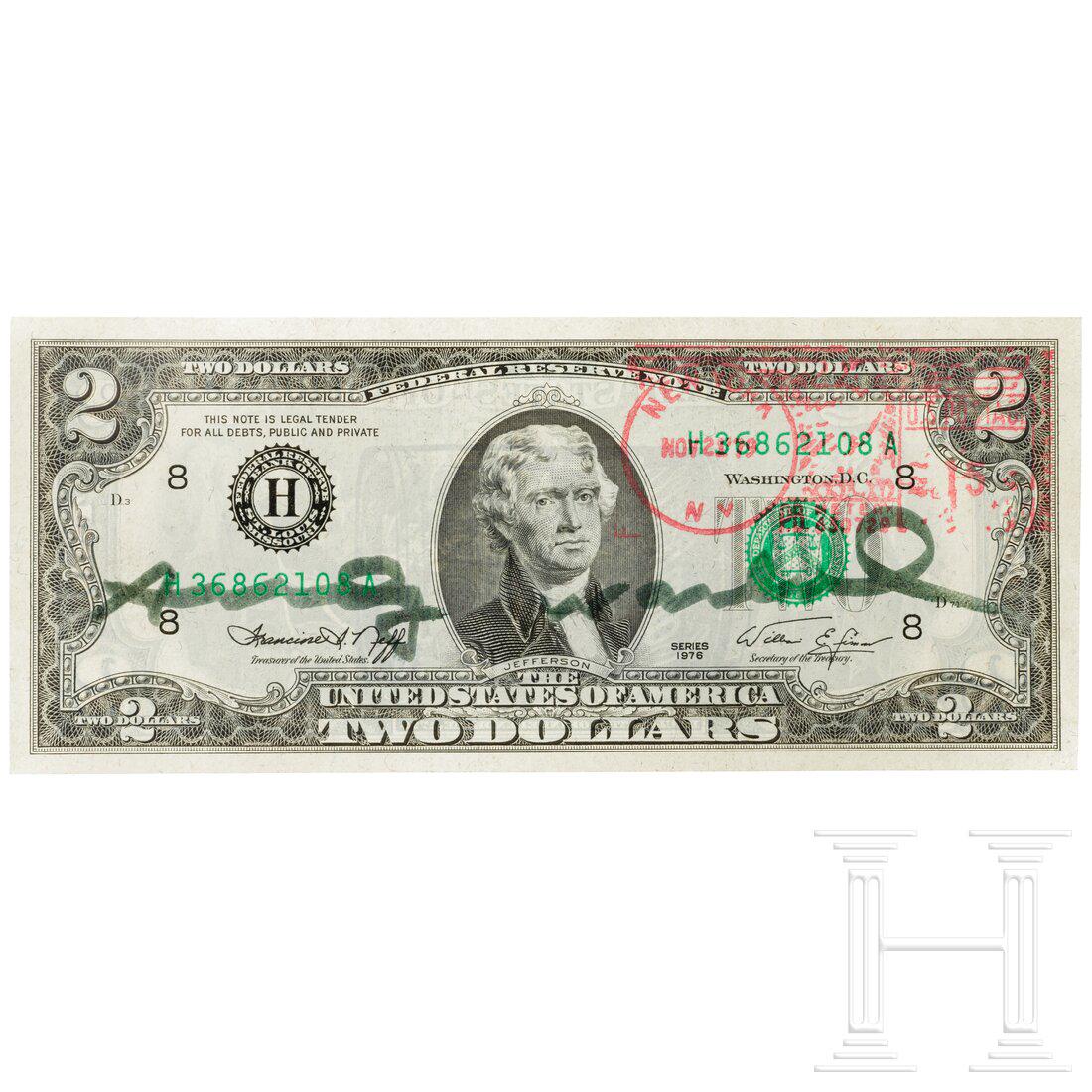 Two dollar bill signed "Andy Warhol", 1979: Two dollar bill signed "Andy Warhol", 1979 Zwei-Dollar-Banknote mit dem Portrait des amerikanischen Präsidenten Thomas Jefferson. Die Frontseite mit Filzstift signiert "Andy Warhol" sowie mit Pos