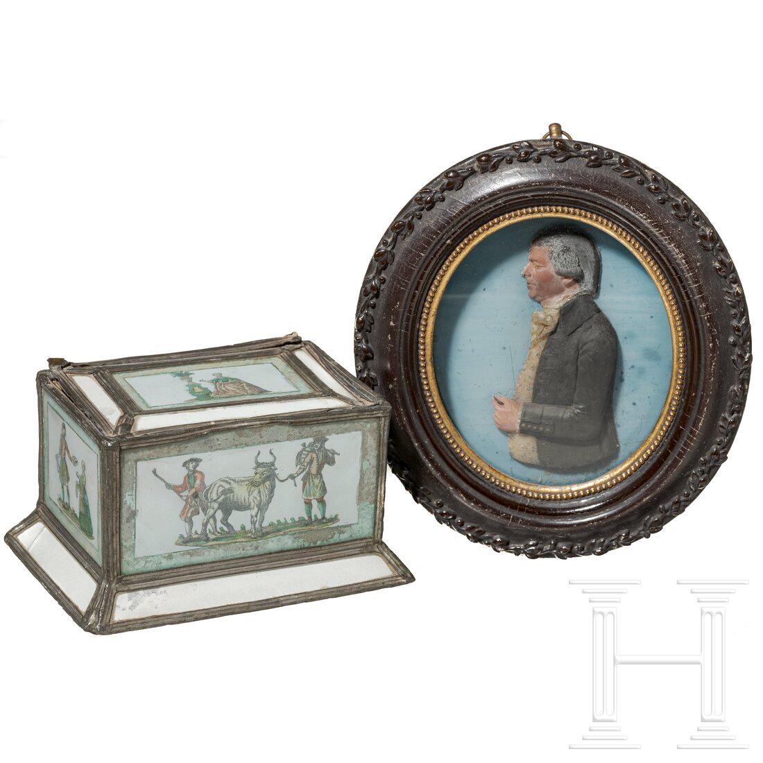 A German wax portrait and glass box, 18th century (1 of 3)