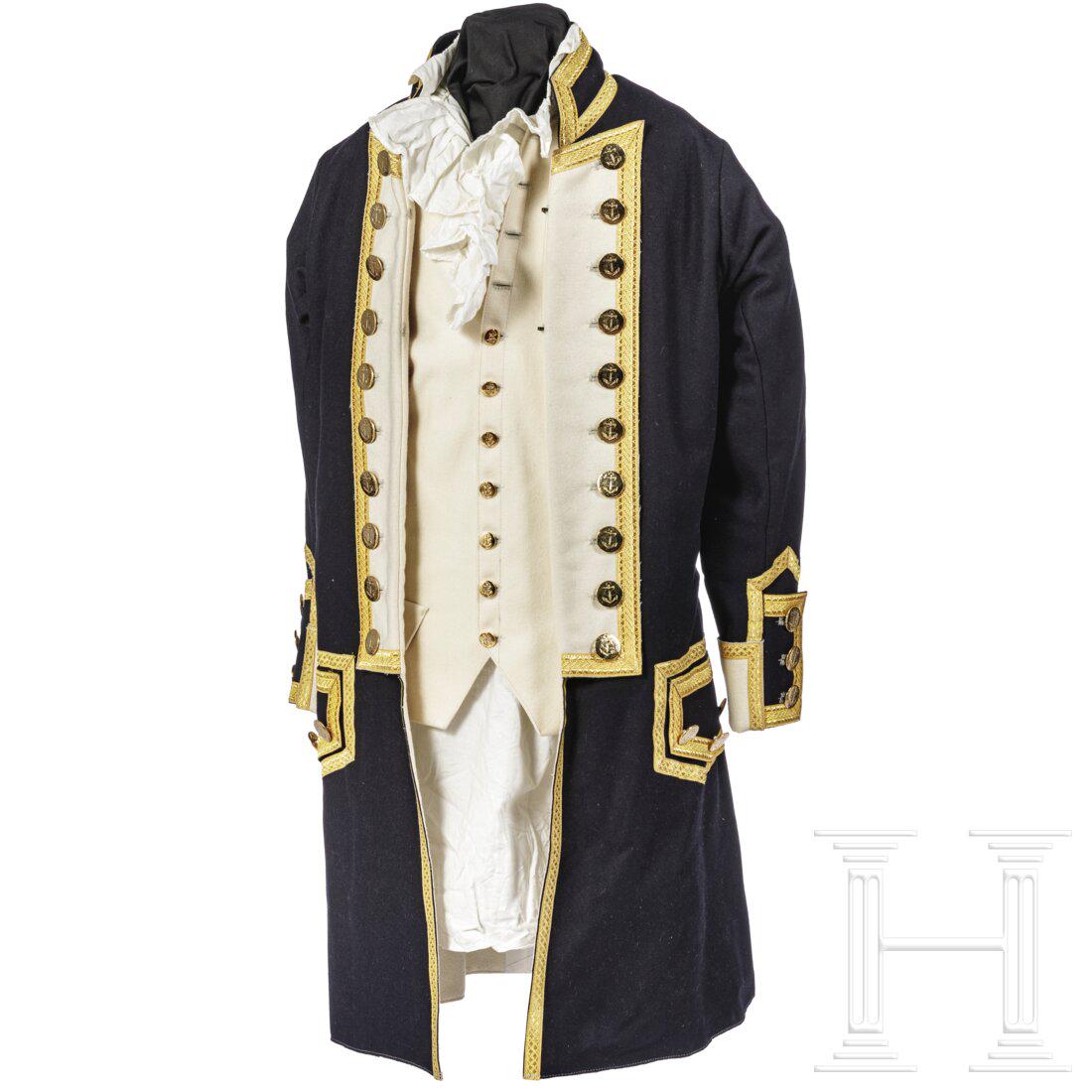 A uniform for an officer of the Royal Navy in the style: A uniform for an officer of the Royal Navy in the style of late 18th century, copy for re-enactment, 20th century Rock aus dunkelblauem und weißem Wolltuch mit goldenem Tressenbesatz und vergolde
