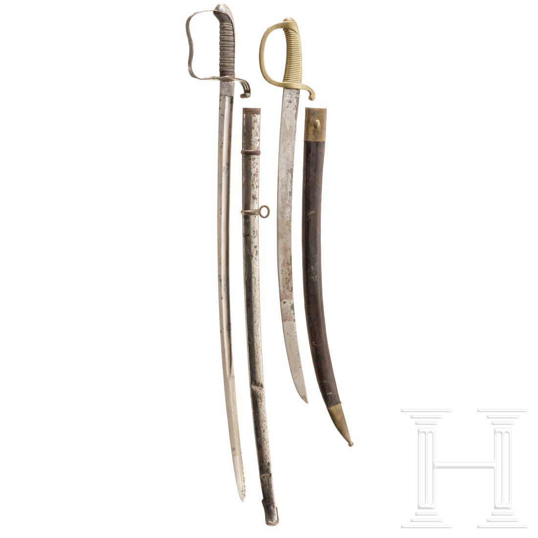 A sabre M 1861 for officers of the infantry and a: A sabre M 1861 for officers of the infantry and a briquet sabre, 19th century Schlanke, vernickelte Rückenklinge (fleckig), an der Wurzel gestempelt "Solingen" unter stehender Figur mit Speer, ve