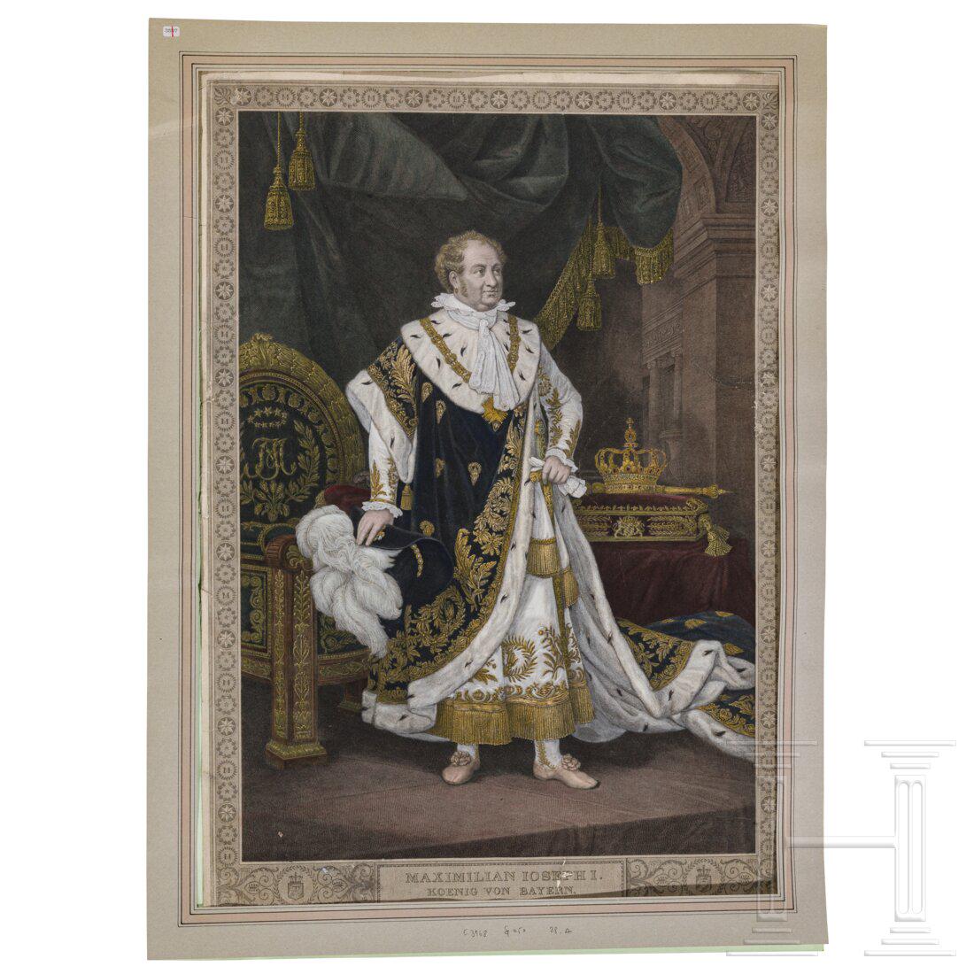 King Maximilian I Joseph of Bavaria - a hand-coloured: King Maximilian I Joseph of Bavaria - a hand-coloured copper engraving by Carl Ernst Christoph Hess after Joseph Stieler, circa 1822/25 Der König im Krönungsornat vor seinem Thron, die Krone