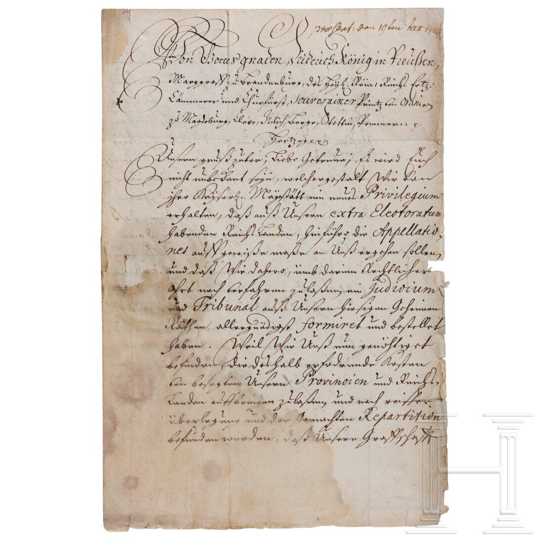 King Friedrich I of Prussia - an autograph, dated: King Friedrich I of Prussia - an autograph, dated 15.12.1703 Gefaltetes Doppelblatt, vierseitig in Tinte beschrieben, „Tribunal“ der Geheimen Räte und die Kosten dafür betreffend