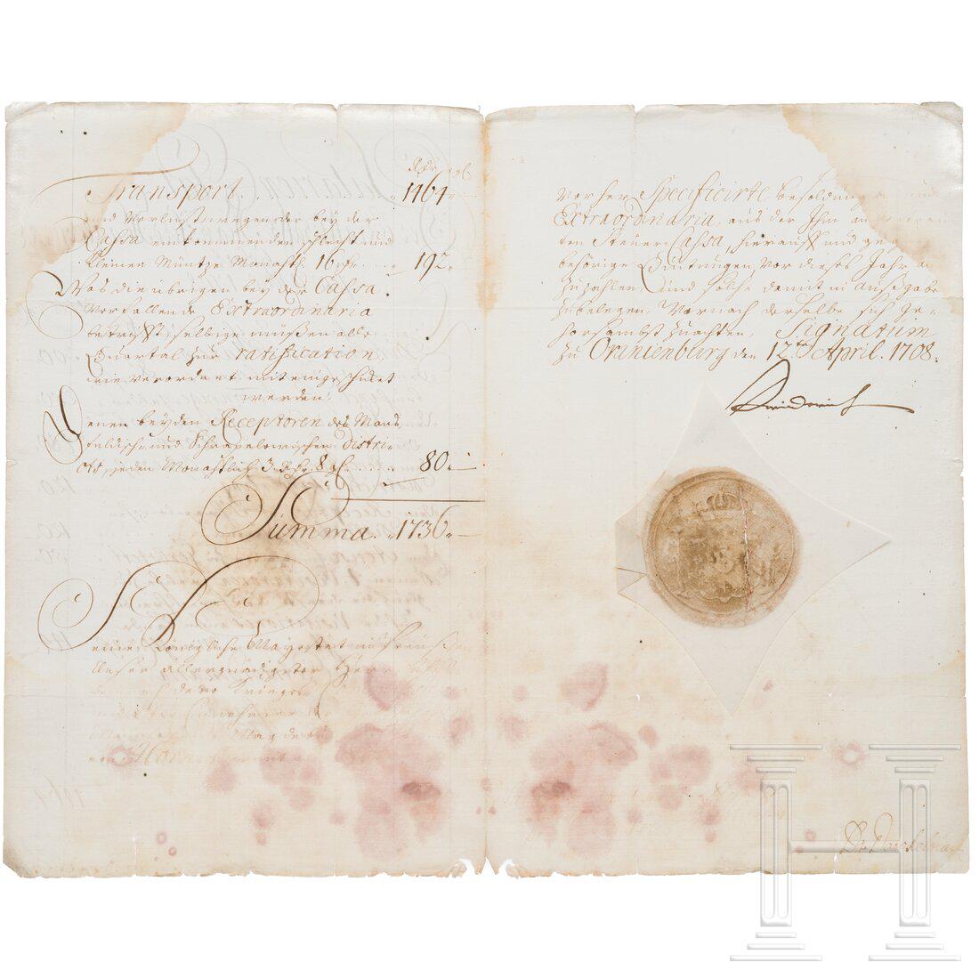 An autograph by King Friedrich I of Prussia, 12.4.1708: An autograph by King Friedrich I of Prussia, 12.4.1708 Gefaltetes Doppelblatt, dreiseitig in Tinte beschrieben. "Salarien Etat" (Gehaltsliste) für die Grafschaft Mansfeld 1708, nach der Kriegskom