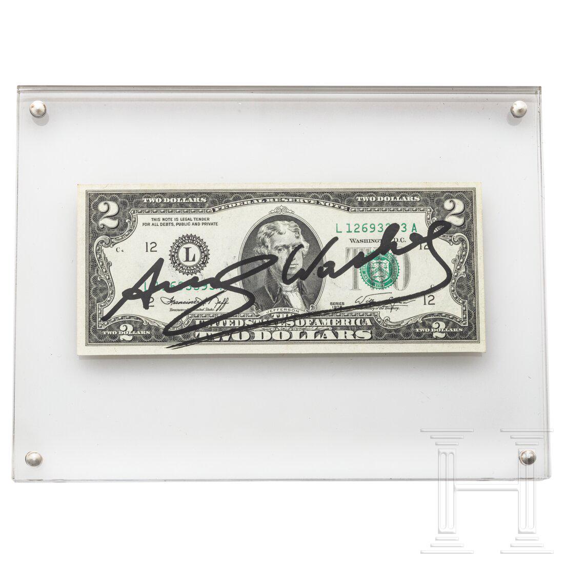 A two dollar bill signed "Andy Warhol", 1976: A two dollar bill signed "Andy Warhol", 1976 A two dollar bill with portrait of Thomas Jefferson (US-president from 1801 to 1809), the reverse with the Declaration of Independence after a painting by