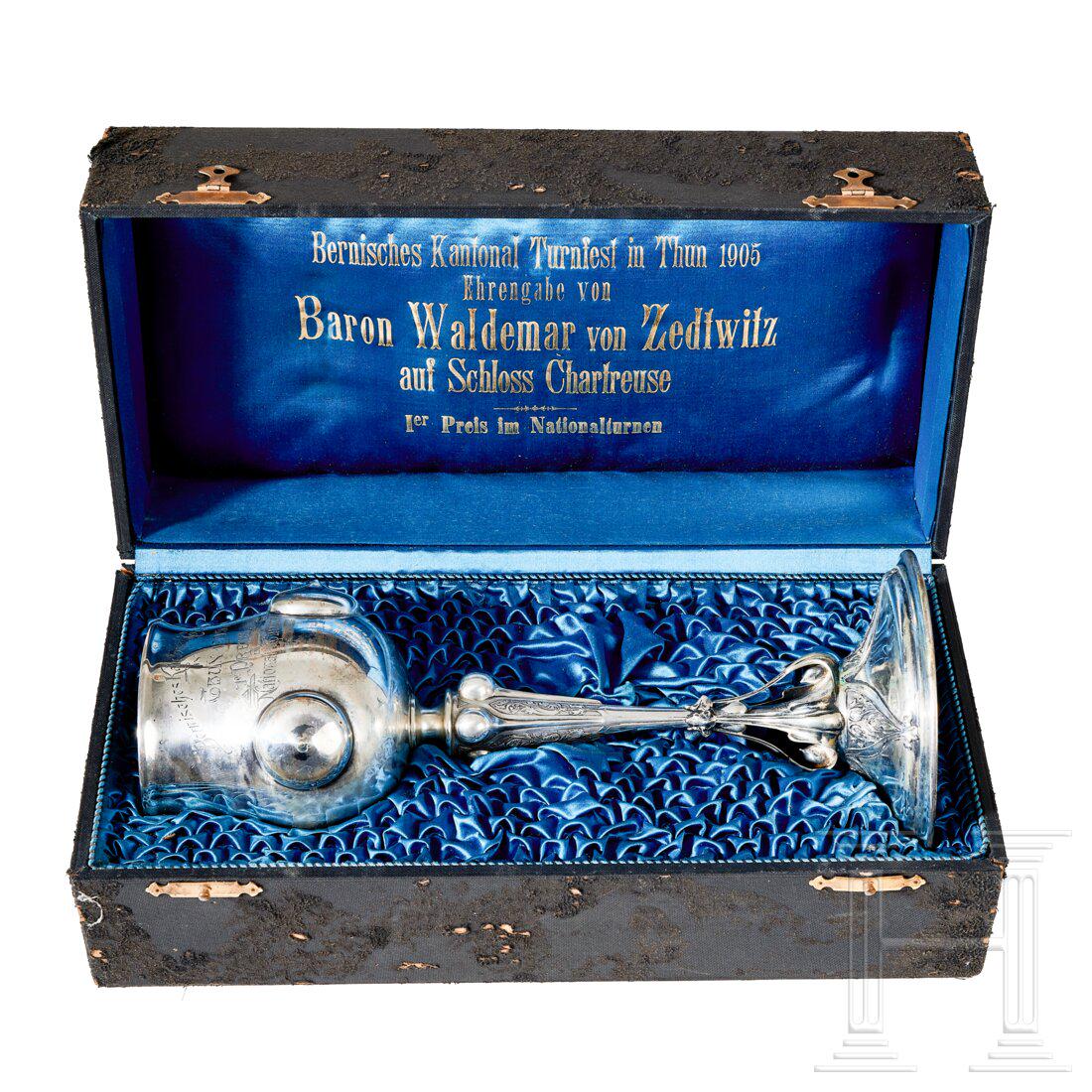A 1st Place Prize for Thun 1905 Gymnastics Festival: A 1st Place Prize for Thun 1905 Gymnastics Festival Silvered metal goblet, maker stamp and “3659” on base, stem with cut-out decorative floral pattern, cup with four separately attached ro