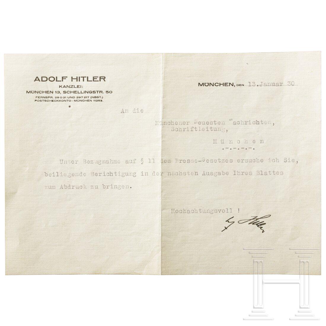 Adolf Hitler - letter to the editors of the "Munich Neueste Nachrichten", 1930: Adolf Hitler - letter to the editors of the "Munich Neueste Nachrichten", 1930 Ein Schreiben, datiert München, 13.01.1930, Briefkopf "Adolf Hitler, Kanzlei: München 13, Schellingstrasse 50".