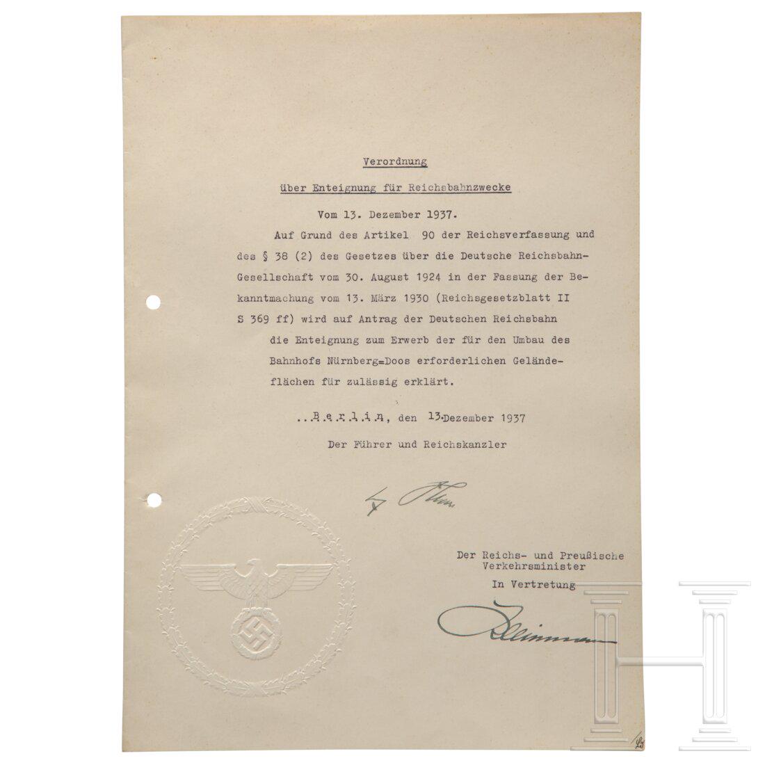 Adolf Hitler - a handwritten ink signature on a prescription: Adolf Hitler - a handwritten ink signature on a prescription Doppelblatt (gelocht) mit Blindprägesiegel und formlosem Schreibmaschinentext über die Enteignung zum Erwerb von Grundstücke