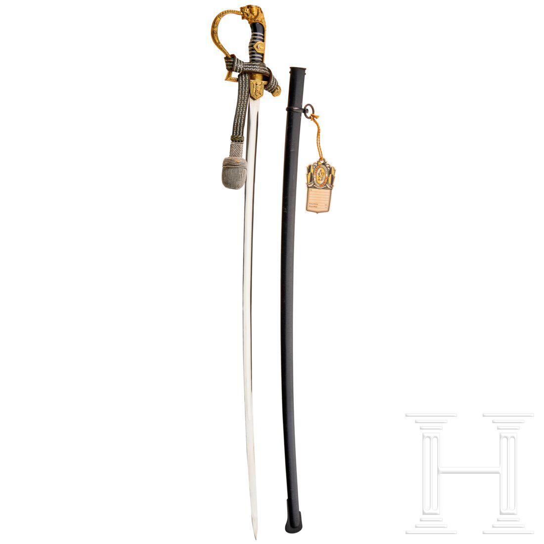 A saber for army officers "Zieten": A saber for army officers "Zieten" Maker Eickhorn, Solingen, model no. 1734. Nickel-plated, slightly curved blade with manufacturer's logo on ricasso. Gilt brass lion-style pommel, decorated with inse