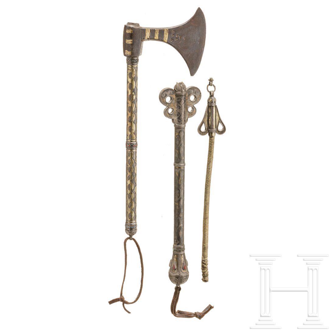 A Turkmen silver mounted set of axe, riding crop and fly whisk, circa 1900 (1 of 2)