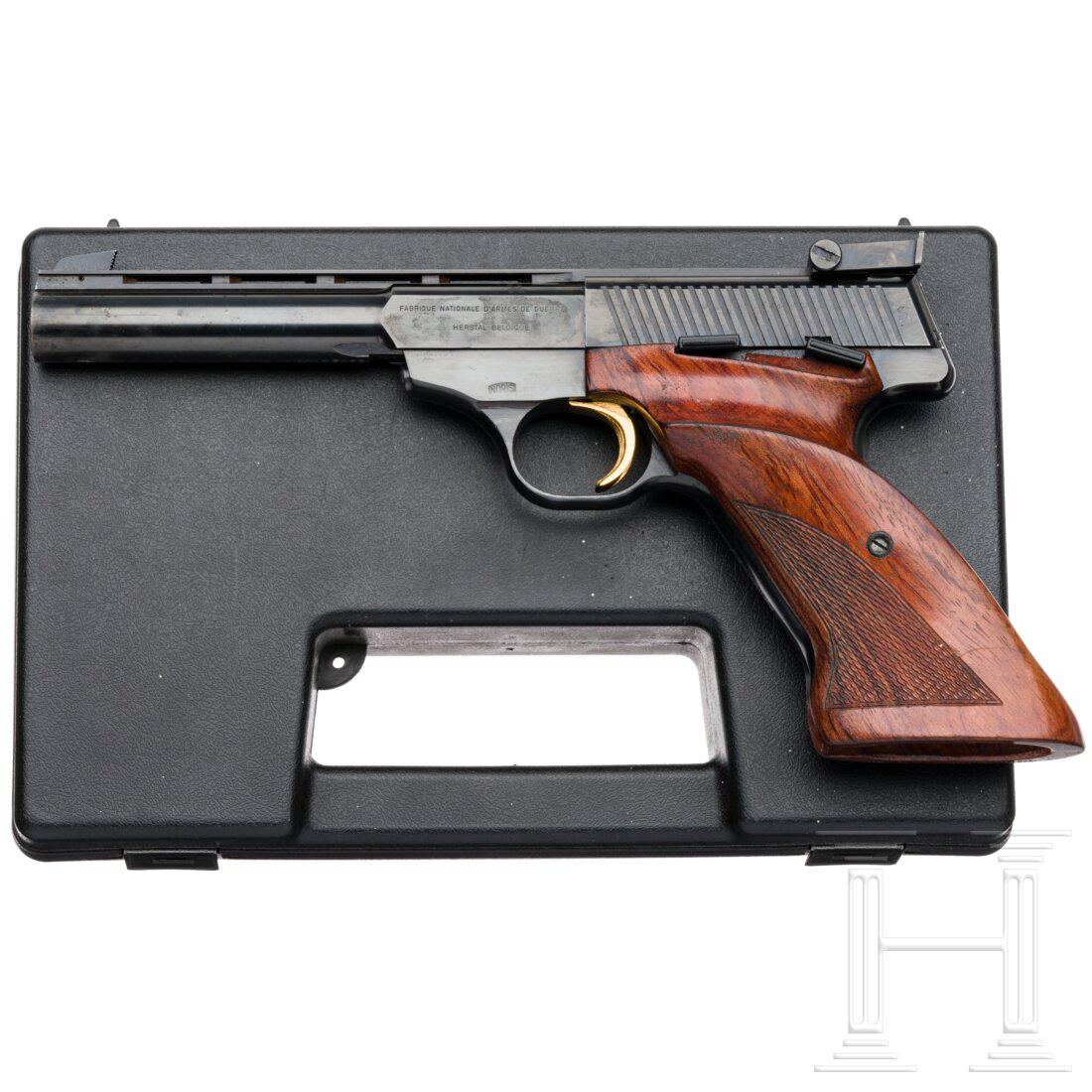 Sportpistole FN Mod. 150 Match, im Koffer: Sportpistole FN Mod. 150 Match, im KofferCal. .22lr, SN. 13482169, blanker, ventilierter Lauf, Länge 150 mm. Zehnschüssig. Beschuss. Fertigung 1969. Mikrovisier. Standardbeschriftung. Origin