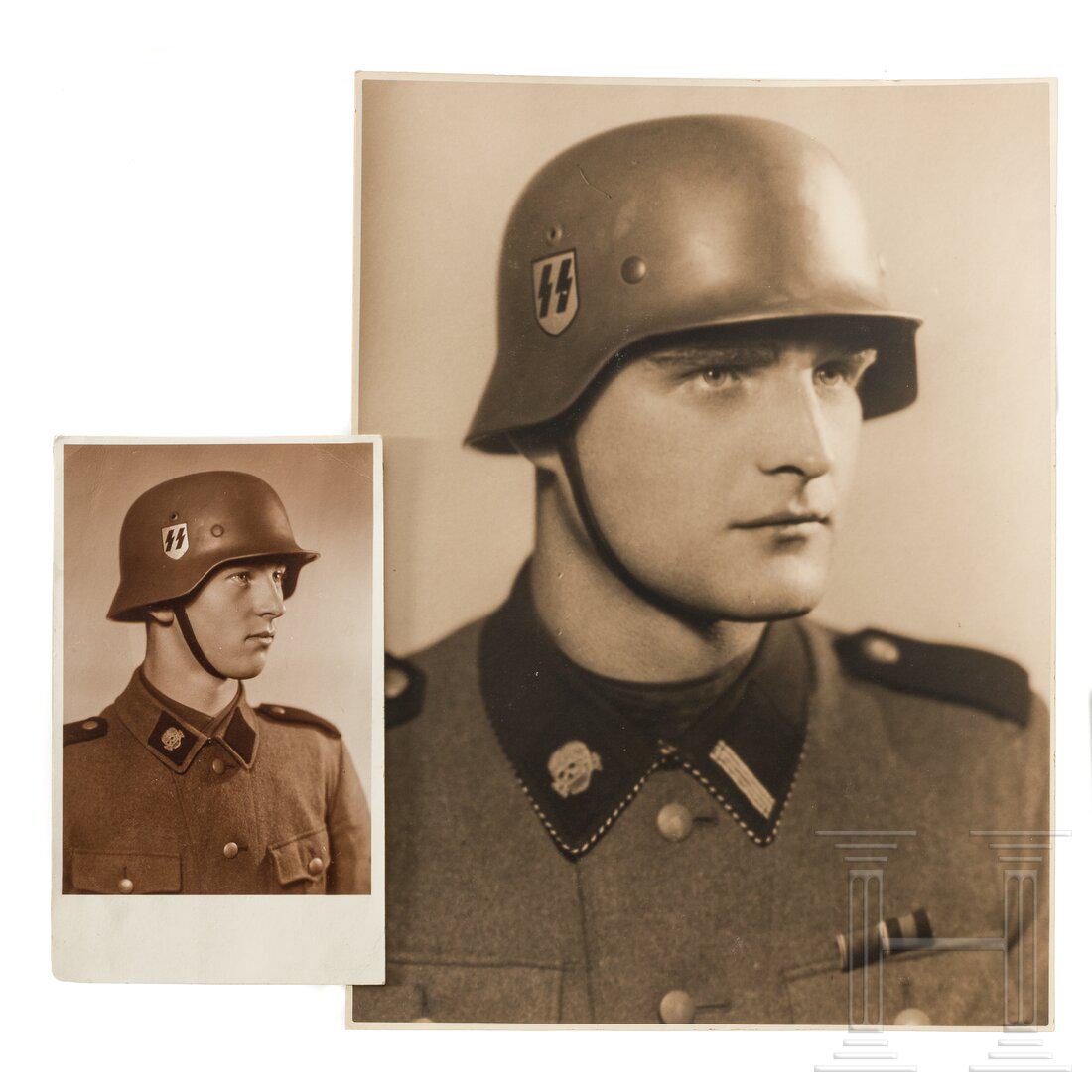Two uniform portraits of Waffen-SS soldiers: Two uniform portraits of Waffen-SS soldiersSchwarzweißfoto in feldgrauer Uniform mit Totenkopf am Kragen, Stahlhelm mit SS-Abzeichen. Dazu ein ähnliches Foto eines anderen Angehörigen d
