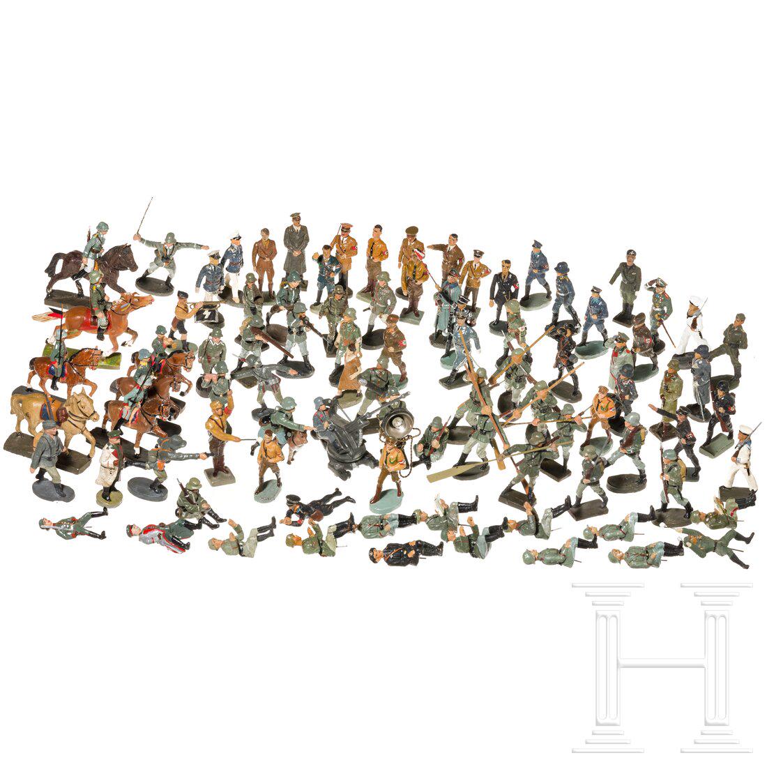 A large Elastolin and Lineol group of approx. 80 figures, also personality figures: A large Elastolin and Lineol group of approx. 80 figures, also personality figuresGroßes Konvolut mit ca. 80 Figuren, SA, SS, HJ, Flak, Heer, zahlreiche Persönlichkeitsfiguren mit Hess, Hitl